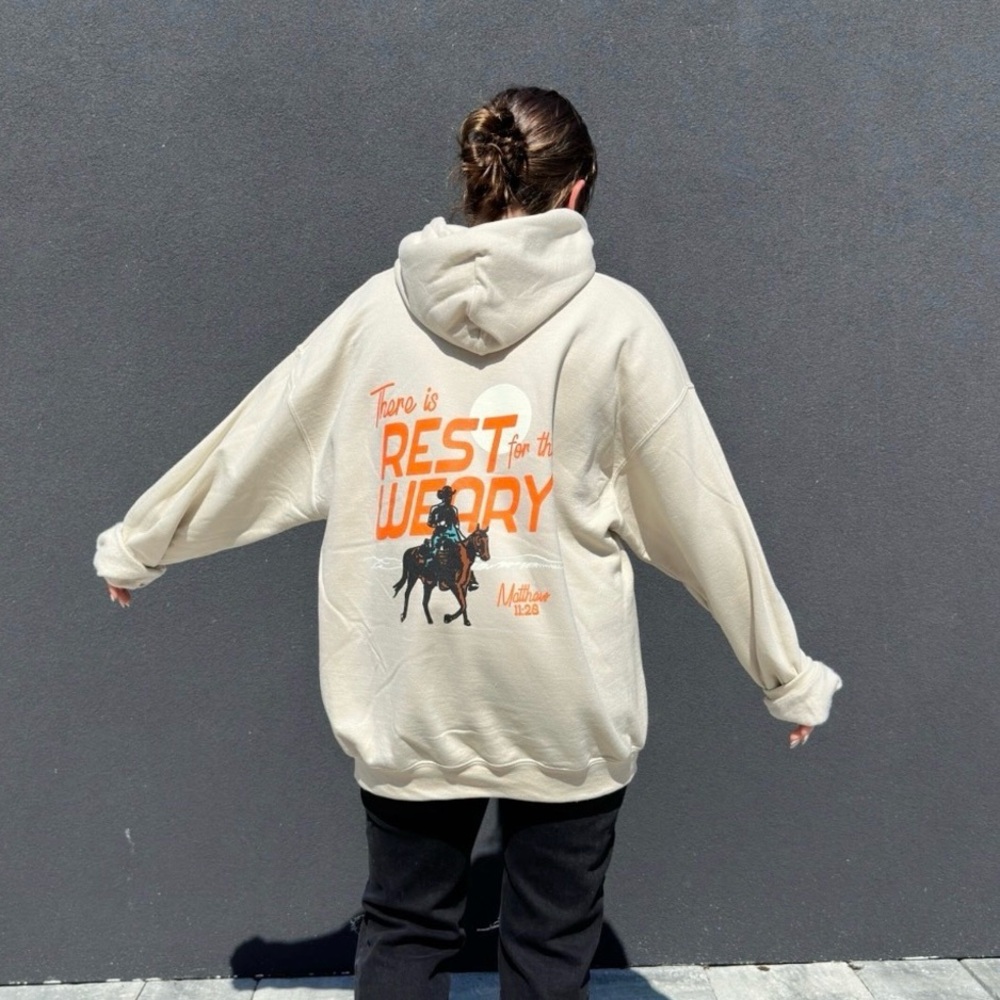 Beige Hoodie with Orange Print